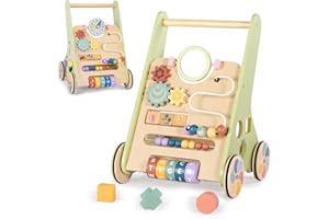 Bautia Wooden Baby Walker for 6–12 Months, Push Along Walker Toy for 1 Year olds Boys Girls Gifts, 10-in-1 Baby Activity Centre with Shapes & Beads Game