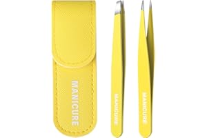 MSKS Professional Stainless Steel Precision Tweezers Slant +Fine Point Tweezers for Women and Men – Splinter Ticks, Facial, Brow and Ingrown Hair Removal–Sharp, Needle Nose (Yellow)