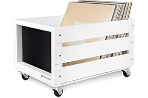 Navaris Wooden Record Crate with Wheels - Vinyl Album Storage Holder Box Wooden Case with Chalkboard Sign Board - Holds up to 80 LP Records - White