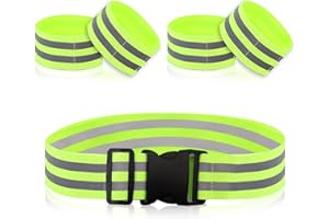 AERZOUSER 5 Stück Elastisch Reflektorbänder, 1 Reflektor Gürtel Verstellbaren, 4 Reflektorband Fahrrad Draussen, Reflektoren Joggen Set, Reflektierende Sicherheits Armband für Wandern Usw, Fluoreszierende Grün