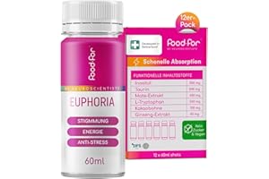 FOODFOR EUPHORIA Serotonin shot – Mit Inositol, Taurine, Mate-Extrakt, L-Tryptophan, Kakaobohnen & Ginseng – Zuckerfrei, Vegan, Schnell wirksam, Stimmungs- und Energie-Booster, 60ml | 12-Pack