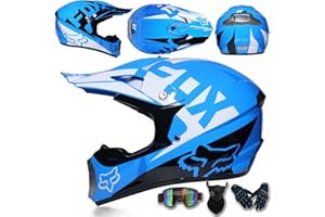 ARMAAN Casque de motocross pour enfants et adultes avec lunettes/gants/masque, casque intégral de motocross approuvé par le DOT, casque de motocross pour garçons et filles, quatre roues, BMX,Blue-S(52~53cm)