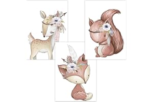 Olgs Babyzimmer Bilder 3er Set | Kinderzimmer Deko Poster | Wandbilder Tiere | Wandposter Mädchen DIN A4 | Waldtiere Reh Fuchs Eichhörnchen Boho