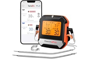 ThermoPro Thermomètre à viande numérique sans fil avec 2 sondes pour barbecue, fumoir, thermomètre de cuisine rechargeable avec fonction alarme, prend en charge le Bluetooth 5.0 jusqu'à 135 m