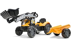 Falk - Tractopelle à pédales Mighty Builder - Jaune - avec remorque - Fabriqué en France - Dès 2 Ans - 2055ML