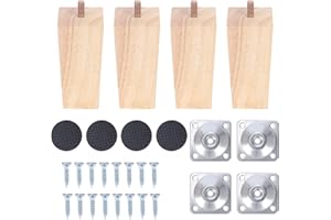 FINDIR 4 Piezas Patas Madera Mesa, 10cm Patas para Muebles Madera en Forma Cuadrada Patas de Sofá de Madera con Placas de Montaje y Tornillos para Mesa de Comedor Sofá TV Armario Cama