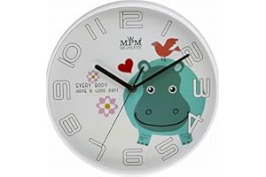 MPM QUALITY MPM Children's Wall Clock Plastic with Hippo Design White/Colourful Wall Decoration Well Suitable for Children's Room Quartz Stepper Motor for Boys and Girls