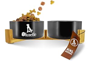 bluzelle Ciotola Cane 2-in-1 XXL, Ciotole Ceramica 850ml con Struttura in bambù, Doppia Ciotola Rialzata per Cani e Gatti, Antiscivolo, Lavabile in Lavastoviglie e Microonde, Colore:Nero