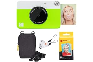 KODAK Printomatic Sofortbildkamera (Grün) Basis-Paket + Zinkpapier (20 Blätter) Etui + Bequemer Halsriemen