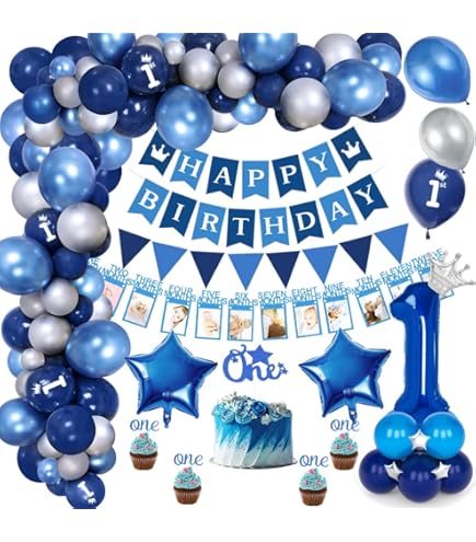 Ballonnen verjaardag 1 jaar, decoratie verjaardag 1 jaar, kit verjaardag thema zee met ballonnen zeedieren, ballon nummer 1 blauw, fotokrans voor de eerste verjaardag kinderen