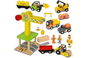 Joellfuner Baufahrzeuge Kinder Holzspielzeug, Magnetisch Baustelle Kran Spielzeug mit Turmkran Bagger Kranwagen Muldenkipper Straßenwalze, Konstruktionsfahrzeuge Geschenk Kinder Junge 2 3 4 5 Jahre
