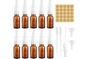 JIANGZHIB 10 Stück Nasenspray Flasche Leer, 20ml Braun Nasen Sprühflaschen, Wiederverwendbar Nasenspray Bottle Zerstäuber Mit Etiketten, Düsen, Trichter, Kunststofftropfer für Parfüm, Kochsalzlösung
