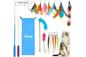 Toozey Katzenspielzeug 16 Stück, Katzen Spielzeug mit 2 STK versenkbare interaktive Katzenangel und 14 STK Feder/Bug/Fisch Ersatz mit Glocken, Bonus Aufbewahrungstasche