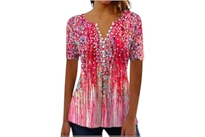 YOLOKE 2023 Summer Short Sleeve Tops for Women UK Trendy Casual Floral Graphic Shirts Tunic Blouses Plus Size Crew Neck Boho Henley Tees