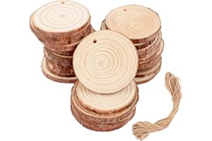 LDERFIV Dischi Legno Grezzo, 30 pezzi Legno da Decorare Diametro 5-6cm,Fette di Legno con Corteccia, Natale Segnaposto Legno Fai da Te con 10m Spago per Pirografo, Intagliare, Decorazioni,Piroincisione
