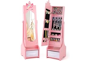 COSTWAY Kids Jewelry Cabinet Armoire, Freestanding Full Length Mirror with Storage Drawers, 2 Adjustable Tilt Angles, Girls Vanity Dress Up Mirrors for 3 + Years Old (Pink)