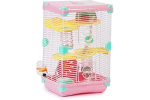 SMELL & SMILE Jaula para Hámster Roborowski Jaula para Hámster 27.7 * 20.5 * 42.5cm jaulas Hámster 2 Pisos con Rueda Bebedero comedero (Rosa)