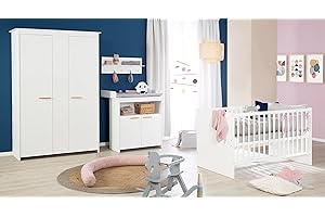roba Chambre Bébé Complète 3 Pièces Anton - Lit Évolutif 70 x 140 + Commode à Langer Convertible + Armoire à 2 Portes - Fermeture Douce - Bois Blanc/Poignées en Hêtre