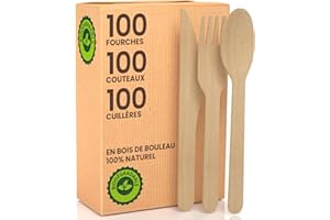 Baciato Caffè - Ensemble de Couverts en Bois Jetables | 300 Pièces (100 Fourchettes, 100 Cuillères, 100 Couteaux) | Biodégradable Compostable | Idéal pour Les fêtes, Pique-niques et Événements