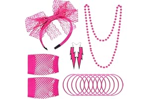 NITAIUN Accesorios Mujer de Ropa Años 80 Disfraz, 80s Accesorios de Traje, Encaje de Neón Venda Fishnet Guantes Collares Pendientes Pulseras para Años 80 Accesorios de Disfraces, Talla única (Rosa)