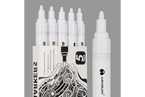 Aurobliss Pennarello Bianco Punta Media 2-3mm, 5 Pezzi Pennarello Indelebile Bianco per Plastica, Tessuti, Sassi, Vetro, Legno, Metallo, Ferro, Gomme, Pneumatici