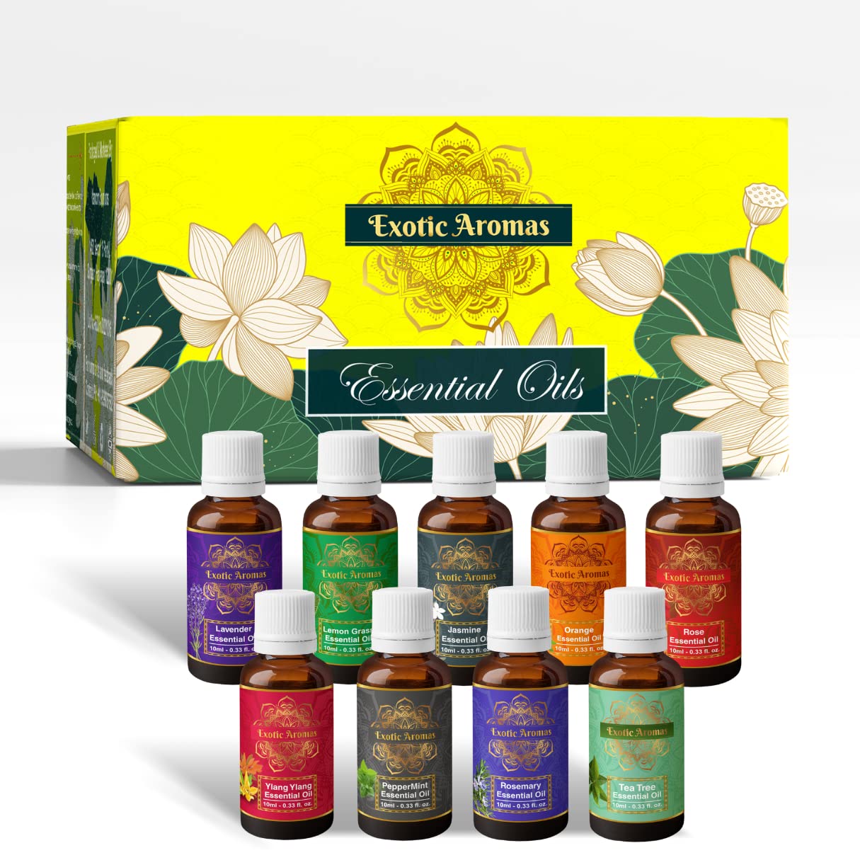 Exotic Aromas Essential Oil Lavender, Rose, Tea Tree, Jasmine, Ylang Ylang, Orange, Lemongrass, Peppermint, Rosemary, Pure & 