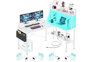 iSunirm Scrivania da gioco forma di L con prese di corrente e luci a LED, piccola scrivania angolare per computer con supporto per monitor e ripiano portaoggetti, borsa portaoggetti, Bianco