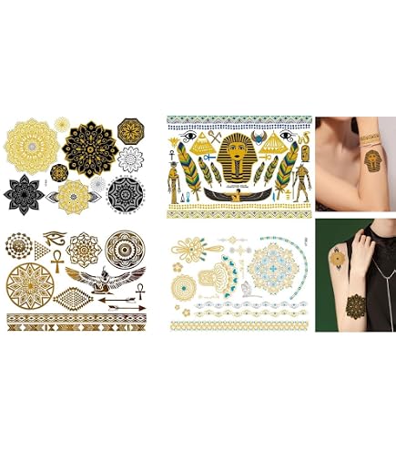 Tatuajes Temporales Dorados De Egipto | 14x30 Cm | Tattoos De Oro Para Fiestas Y Disfraces | Decoración Corporal De Temática Egipcia | Regalo Original