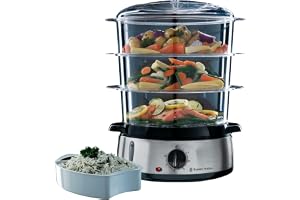 Russell Hobbs ångkokare, 9 liters kapacitet, 60 minuter timer, automatisk avstängning, risbehållare samt 3 behållare som tål