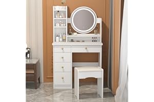 Caldion Toeletta Trucco con Luci,Toilette Trucco con sgabello, Postazione Trucco con 5 Cassetti e Conservazione, Mensole, Cassettiera e Set Sgabelli Imbottiti Bianco