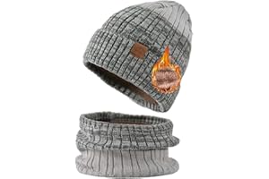 YAQUEKOU Kindermützen Schal Set, Wintermütze Beanie mit Schal Warme Strickmütze mit Fleece Gefütterte für Jungen und Mädchen Outdoor (4-10 Jahre)