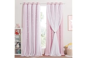 NICETOWN Rideaux Rose Occultant - Double Rideaux Décoration du Maison Chambre Fille Etoile Motif Perforées 2 Couches avec Voilage Blanc, L 132 sur H 240 cm, Rose Clair, 2 PCs