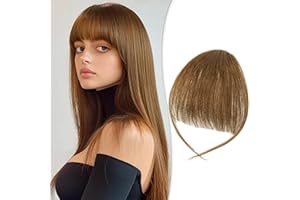 RUWISS Postiche Flequillo a Clip 100% Cabello Humano Natural Extensiones Flequillo Templo Extensión Flequillo Clip para Mujeres(Castaño Claro)