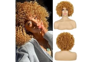 Becus Pelucas Mujer Pelo Natural 10 Pulgadas para Mujeres Negras Peluca Afro Rizos con Flequillo Pelucas Trenzas Postizas Sintéticas para Mujeres Uso Diario y Cosplay(Dorado)