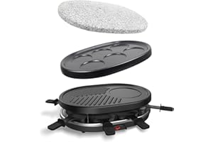 Leogreen - Appareil à Raclette 4 en 1 Multifonctions 8 personnes, Pierre à Griller, Plaque Grill, Plaques Crêpes, 8 poêlons, Compatibles Lave-Vaisselles, 900W
