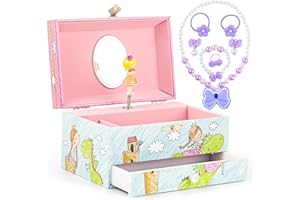 MS. WENNY Girl's Musical Jewelry Box - Kid's Storage Box with Pullout Drawer - Hand-drawn Princess and Little Dinosaur Design, The It's A Small World Tune