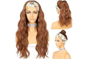 Sapphirewigs Body Wave Headband Wig Synthetic Long Wavy Wig for Women Glueless Brown Wigs Natural Looking 150% Density 26 inch