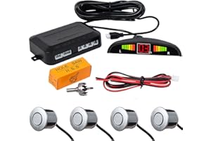 MASO - Kit sensore di parcheggio posteriore con display a LED argentato, con doppia CPU per parcheggio, sensore radar per auto, con 4 sensori, allarme cicalino promemoria di sicurezza