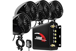 Aileap 1000W 4 Canales de Motocicleta Amplificador 4" Full Range Impermeable Bluetooth Motocicleta Altavoces estéreo Sistema de Audio con Radio FM para 1-1,5" Manillar ATV UTV (Negro, Ventilador)