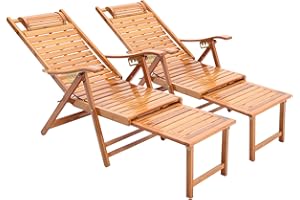 Warmiehomy 2pcs Foldable Sun Lounger Bamboo Garden Sun Loungers 5-Position Backrest Adjustable Recliner Chair with Headrest Beach Deck Chairs with Footrest for Garden Patio Poolside
