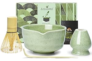 Artcome Set da tè Matcha da 4 pezzi, kit completo per cerimonia giapponese con ciotola, frusta, supporto per frusta, paletta e guida, verde chiaro screziato
