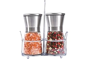 LISRSC Salt and Pepper Mill Set with Stainless Stand, Adjustable Coarseness Refillable Salt and Pepper Grinder Set of 2, Ceramic Grinding Core and Durable Glass…