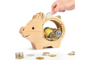 Foyucool Wooden Money Box with Clear Acrylic Window, Cute Little Piggy Bank for Kids | Personalised with DIY Stickers, Learning Savings for Boys & Girls, Birthday Idea