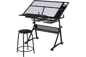 ‎YAHEETECH Yaheetech Höhenverstellbare Zeichentisch-Set Kippbarer Tischplatte Schreibtisch Architektentisch mit Viel Stauraum & Hocker Schreibtisch für Malen/Zeichnen Schwarz