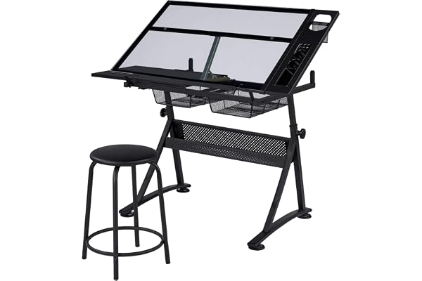 Yaheetech Höjdjusterbart ritbordsset lutbar bordsskiva skrivbord arkitektbord med gott om lagringsutrymme och pall skrivbord för målning/ritning