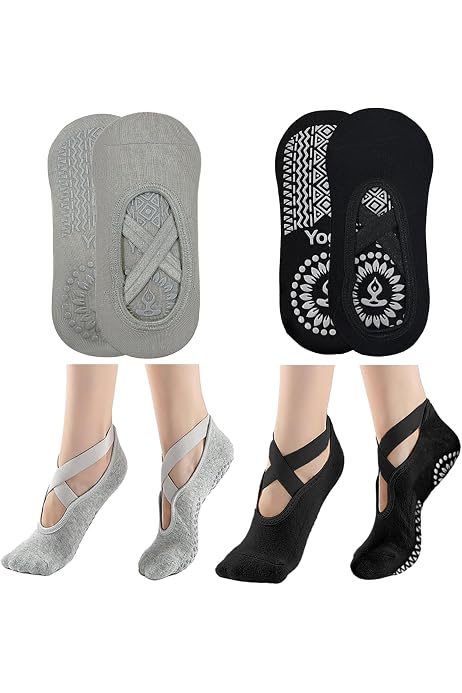 Calzini Antiscivolo Per Yoga E Pilates - 4 Paia Taglia 35-40 EU, Grigio/Rosa/Nero/Viola, Con Cinturino Di Sicurezza - 2