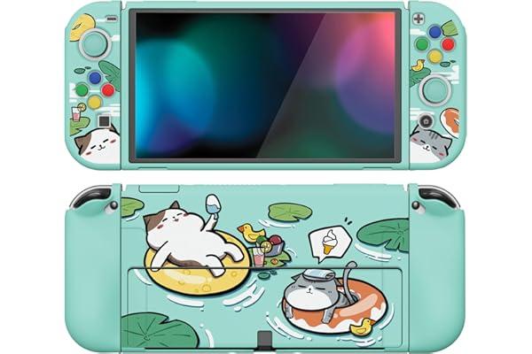 PlayVital Funda Suave para Nintendo Switch OLED - Carcasa Protectora Ergonómica para Joy-con, Grip Antideslizante con Tapas de Joysticks y Botones ABXY & Dirección (Gatos en Piscina)
