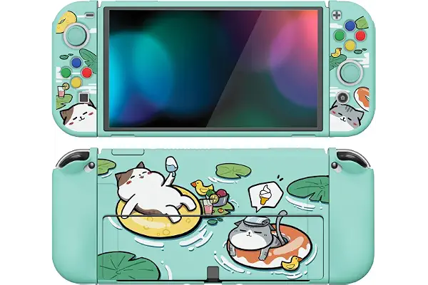 PlayVital Funda Suave para Nintendo Switch OLED - Carcasa Protectora Ergonómica para Joy-con, Grip Antideslizante con Tapas de Joysticks y Botones ABXY & Dirección (Gatos en Piscina)