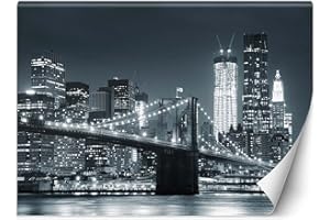Feeby Carta Da Parati Sulla Fliselina NYC New York USA 250x175 cm bianco e nero Decorazione Da Muro Include Colla Soggiorno Camera Da Letto Sala Ufficio Ponte Di Brooklyn Di Notte