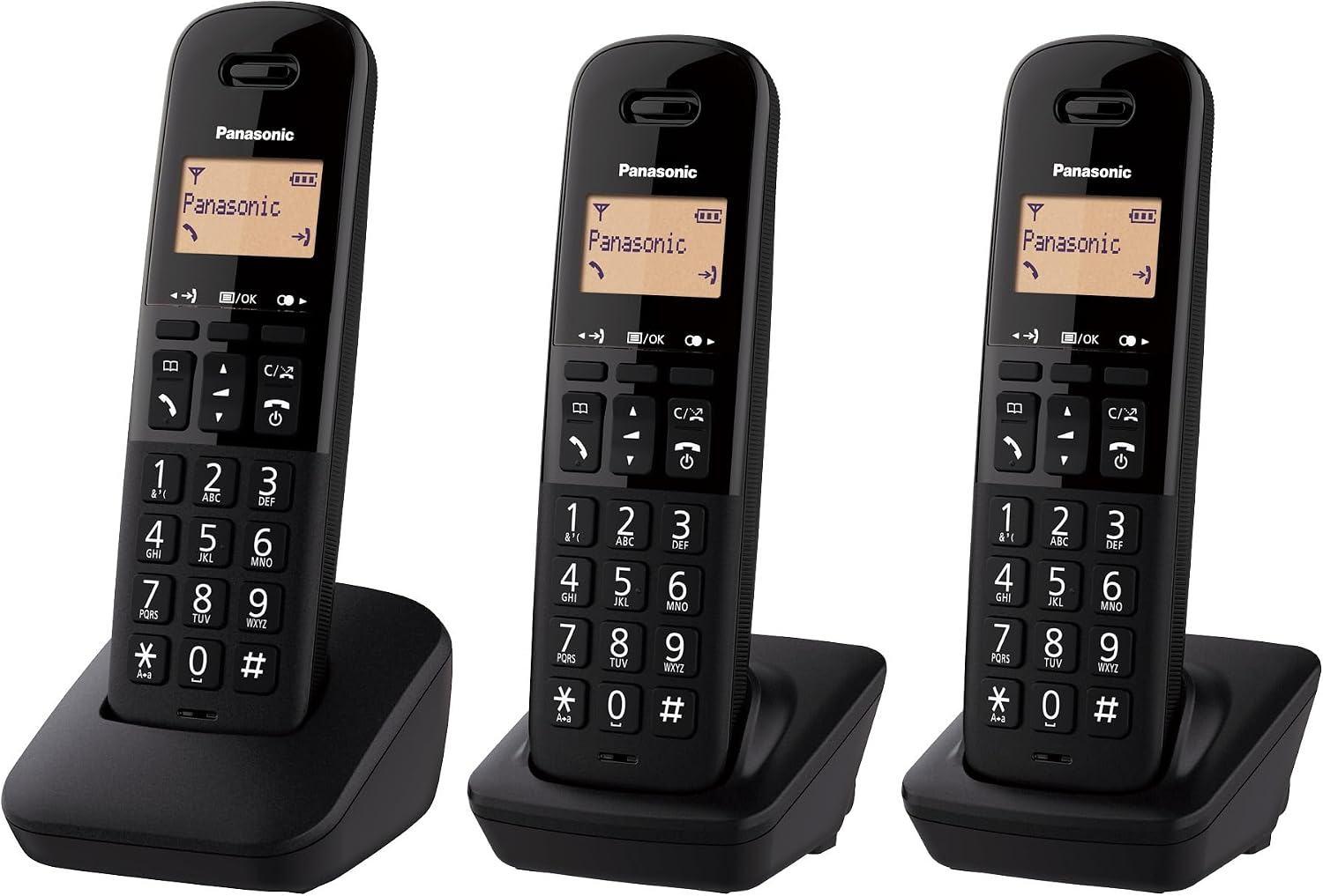 Panasonic KX-TGB613SPB Teléfono Fijo inalámbrico trío, Bloqueo de Llamadas, 18 Horas de conversación, 200 Horas en Espera, Agenda 50 contactos, Resistencia a caídas, Color Negro